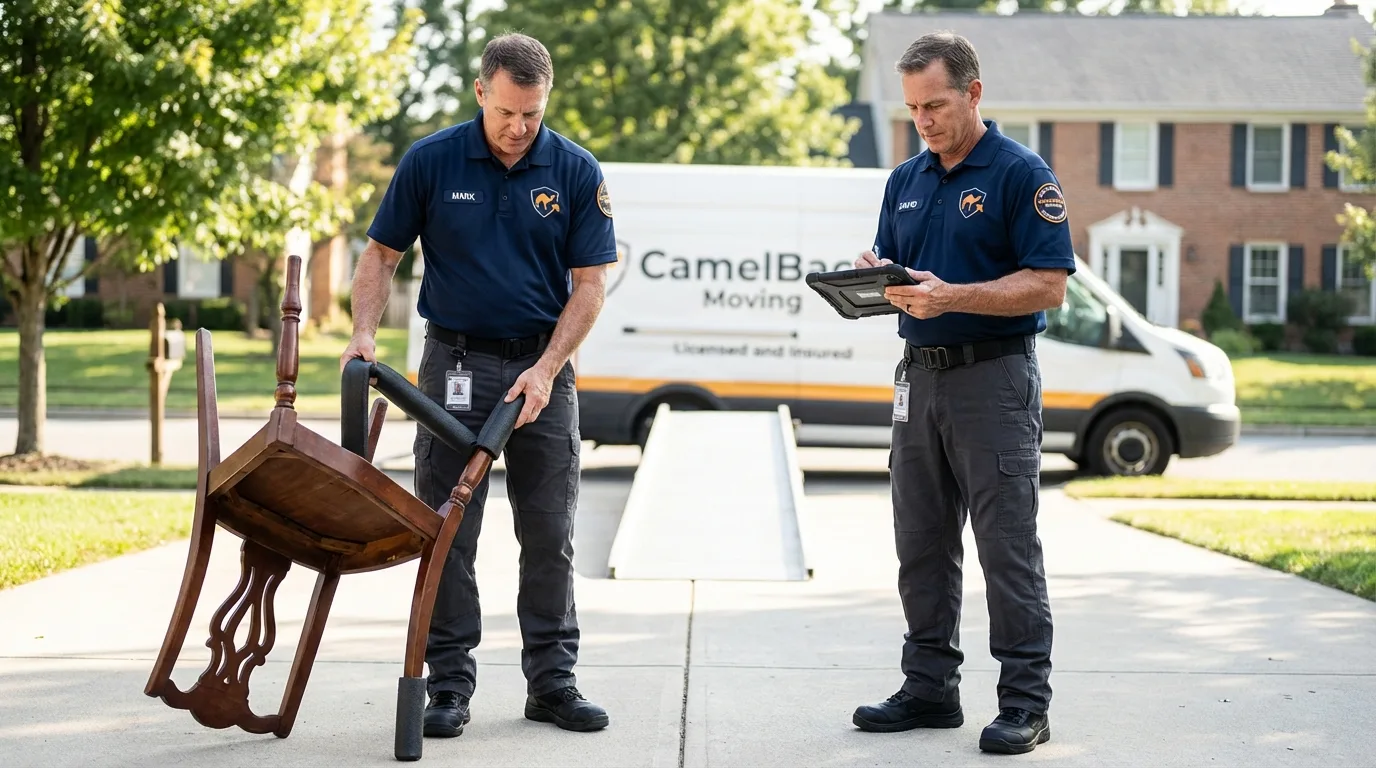 Movers inspecting furniture for damage prevention before loading in Coplay, PA